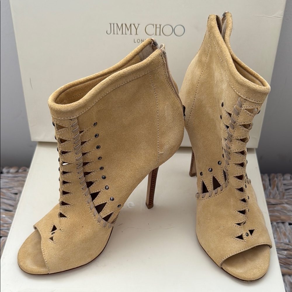 Jimmy Choo Tan Peep toe Heels with Stiletto Design